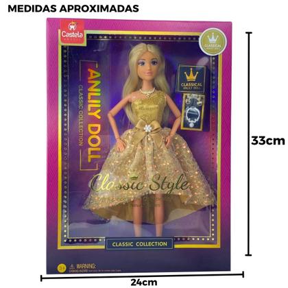 Imagem de Boneca Princesa Fashion Vestido Dourado Style Acessórios Castela