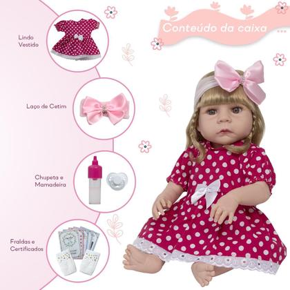 Imagem de Boneca Reborn Bebê Abigail Vestido Bolinha Rosa 13 Itens