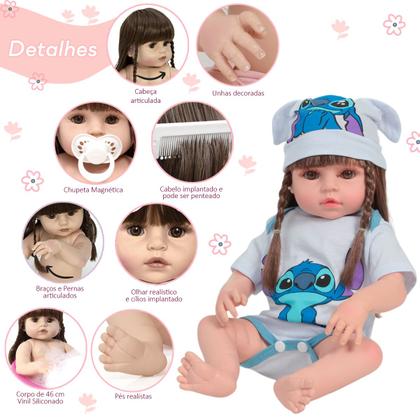 Imagem de Boneca Reborn Bebê Menina Realista Roupa Stitch Com Pelúcia