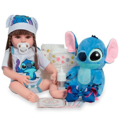 Imagem de Boneca Reborn Bebê Menina Realista Roupa Stitch Com Pelúcia