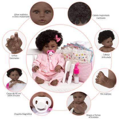 Imagem de Boneca Reborn Negra Princesa Pode Dar Banho Kit 21 Itens