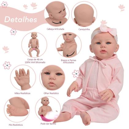 Imagem de Boneca Reborn Realista 100% Vinil 48cm Pode Dar Banho