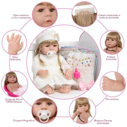 Imagem de Boneca Reborn Recém Nascida Corpo de Vinil + Kit 13 Itens