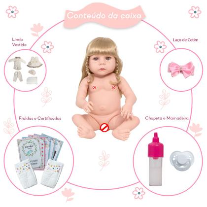 Imagem de Boneca Reborn Recém Nascida Corpo de Vinil + Kit 13 Itens