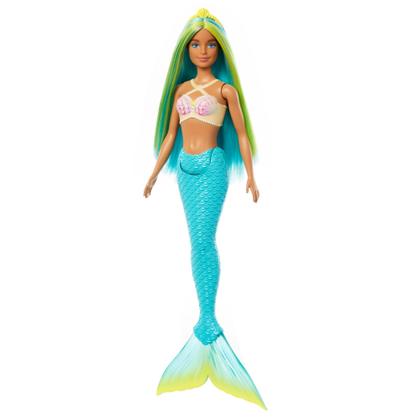 Imagem de Boneca sereia Barbie com cabelo fantasia em dois tons de azul e amarelo