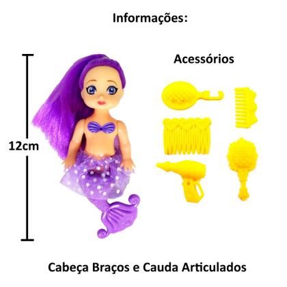 Imagem de Boneca Sereia Pequena 12cm com Cauda Cabeça e Braços Articulados Kit com 3 Cores