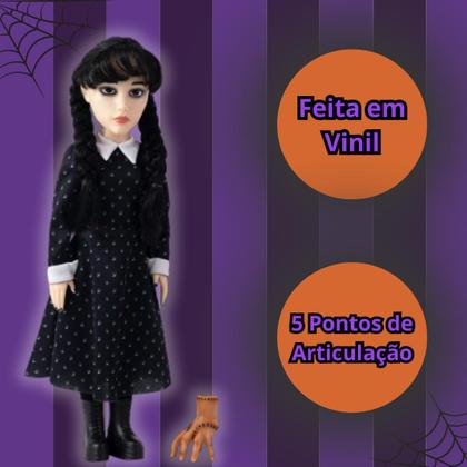 Imagem de Boneca Wandinha Original Infantil Família Addams 44cm + Mãozinha Feita Em Vinil Articulada Novabrink