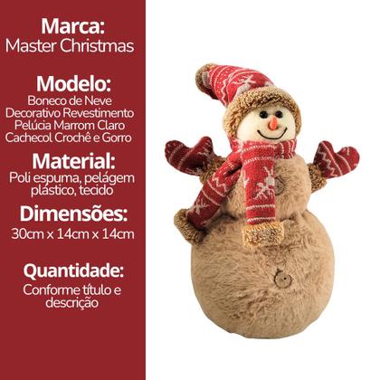 Imagem de Boneco de Neve Decorativo Natal em Pelúcia com Gorro e Cachecol Crochê Vermelho 30cm