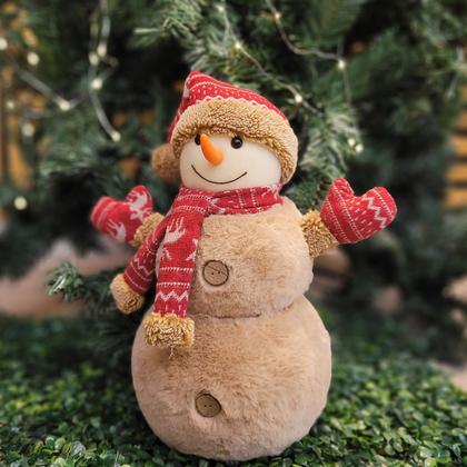 Imagem de Boneco de Neve Decorativo Natal em Pelúcia com Gorro e Cachecol Crochê Vermelho 30cm