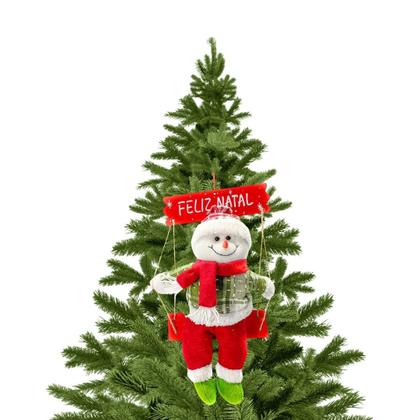 Imagem de Boneco de Neve Gangorra Madeira Pelúcia Tricô Xadrez Vermelho e Verde 40cm - Magizi