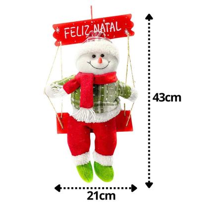 Imagem de Boneco de Neve Gangorra Madeira Pelúcia Tricô Xadrez Vermelho e Verde 40cm - Magizi