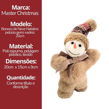Imagem de Boneco de Neve Natalino Decorativo Pelúcia Marrom Claro Gorro Xadrez e Nariz de Cenoura 20cm