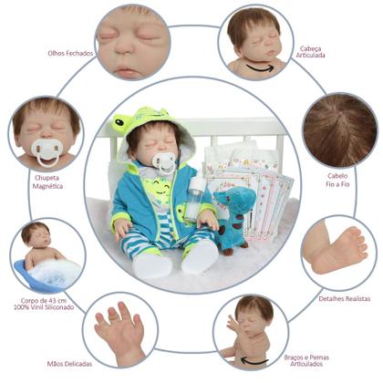 Imagem de Boneco Reborn Fio a Fio Roupa Jacarezinho Kit 13 Acessórios