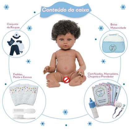 Imagem de Boneco Reborn Menino Negro Com Bolsa Maternidade 16 Itens