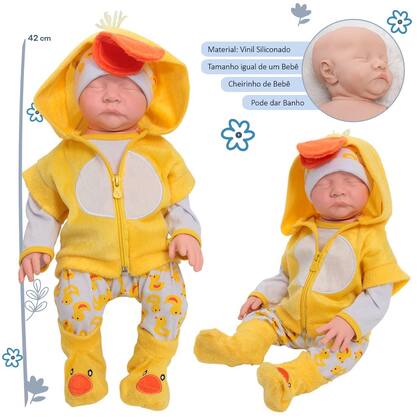 Imagem de Boneco Reborn Realista Levi Roupa Pato Com Bolsa Acessórios