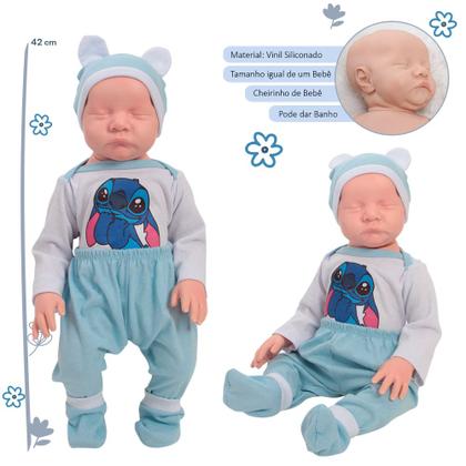 Imagem de Boneco Stitch Azul Careca Realista com Bolsa e Kit de Pentes