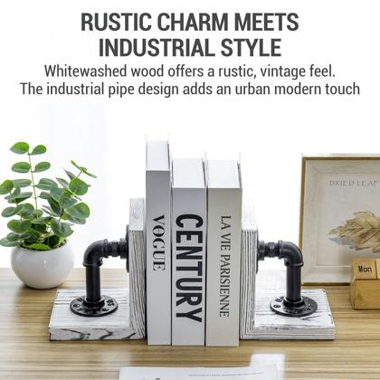 Imagem de Bookends MyGift em madeira caiada de branco com design de tubulação industrial