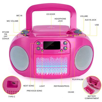Imagem de Boombox Leitor de CD HPlay GC09 - Bluetooth, Top Loading, Rosa - Para Crianças