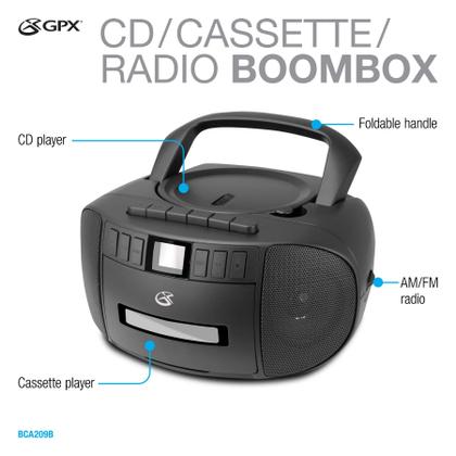 Imagem de Boombox Portátil GPX BCA209B AM/FM com CD e Toca-fitas