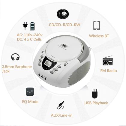 Imagem de Boombox Portátil LONPOO com Leitor de CD, FM, USB e Bluetooth - Branco