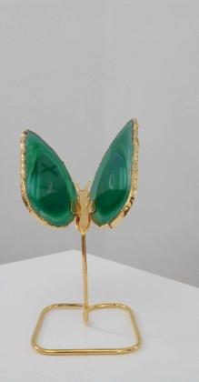 Imagem de Borboleta Em Ágata Natural Verde E Ouro No Pedestal 10x17cm