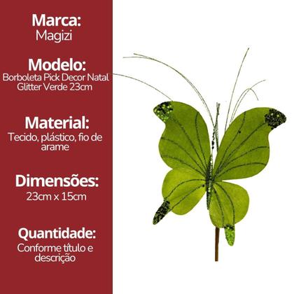 Imagem de Borboleta Pick Natal Verde Full Glitter Luxo 23cm - Magizi