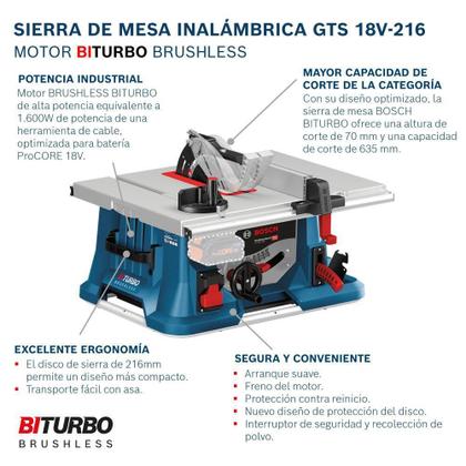 Imagem de Bosch Serra Mesa Bateria Biturbo Gts18V-216 Brushless 18Vsb