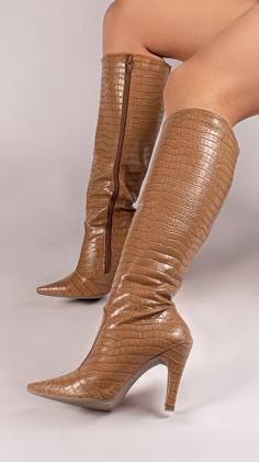Imagem de Bota Bico Fino Croco cano Longo Feminina Caramelo Marrom