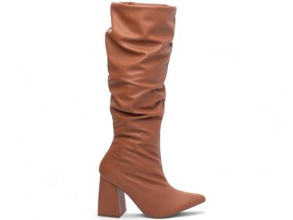 Imagem de Bota Cano Alto Longo Franzida Feminina Bico Fino Salto Alto Grosso 9cm Caramelo Torricella