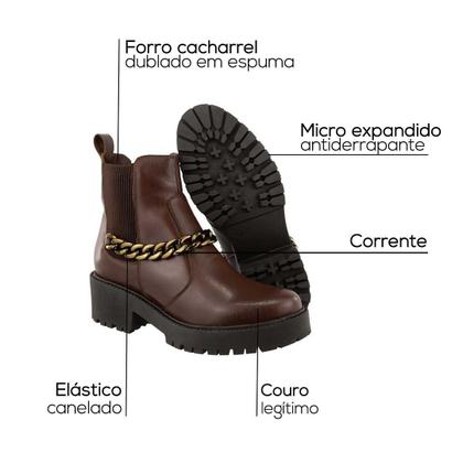 Imagem de Bota Chelsea Feminina Couro Legitimo Cano Curto Sola Tratorada Elástico Preto Café