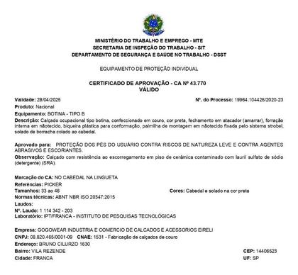 Imagem de Bota Com C.a De Segurança Trabalho Epi Botina Otan Gogowear