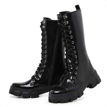 Imagem de Bota Coturno Cano Longo Alto Preto Verniz