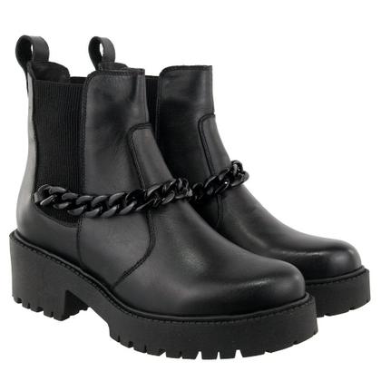 Imagem de Bota Coturno Casual Couro Feminino Estilo Elástico Moda Corrente Grossa Elegante Sola Tratorada