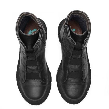 Imagem de Bota Coturno Couro Feminino Cadarço Elástico Moda Moderno Elegante Sola Tratorada