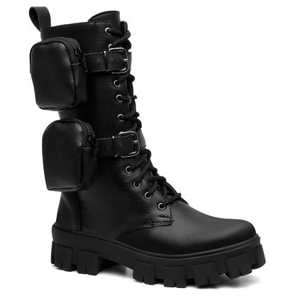 Imagem de Bota Coturno Feminina Tratorada Cano Alto Com Bags Bolsinhas Removível Estilo Militar