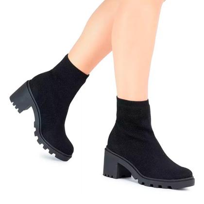 Imagem de Bota Coturno Feminino Bebecê Tratorado Salto Alto Malha Knit - 46978