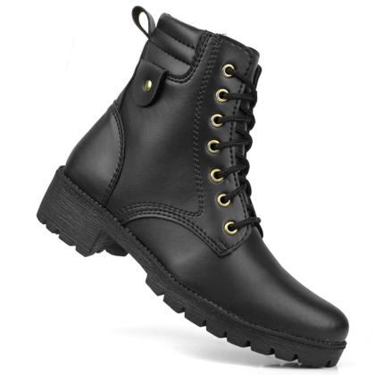 Imagem de Bota Coturno Feminino Cano Curto Preto Militar Zíper Salto Confortável