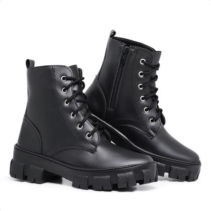 Imagem de Bota Coturno Feminino Cano Curto Preto Militar Zíper Salto Confortável