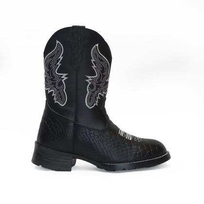 Imagem de Bota Country Texana Infantil Unissex em Couro Preto com Estampa de Cobra com o Cano Bordado Branco Kapell