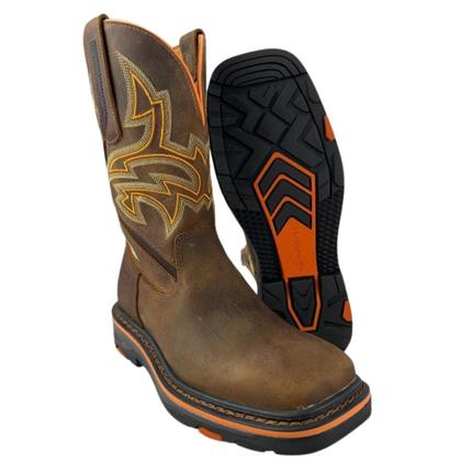 Imagem de Bota De Cowboy 100% Couro Goyazes Original Marrom E Laranja Bico Quadrado Solado Work - Ref.207406-CK