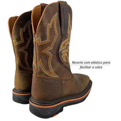 Imagem de Bota De Cowboy 100% Couro Goyazes Original Marrom E Laranja Bico Quadrado Solado Work - Ref.207406-CK