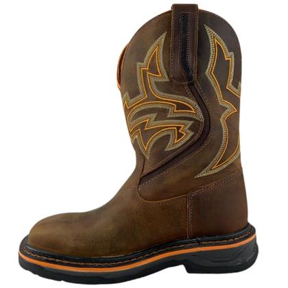 Imagem de Bota De Cowboy 100% Couro Goyazes Original Marrom E Laranja Bico Quadrado Solado Work - Ref.207406-CK