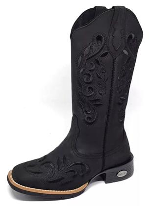 Imagem de Bota Em Couro Candieiros Preto Bordado Preto Cano Longo