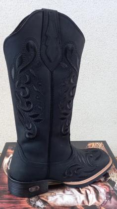 Imagem de Bota Em Couro Candieiros Preto Bordado Preto Cano Longo