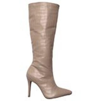 Imagem de Bota feminina cano alto salto fino croco bege/caramelo