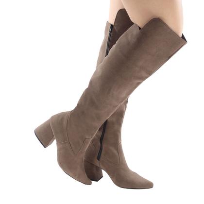 Imagem de Bota Feminina Cano Longo Bico Fino Salto Baixo Grosso Confortável Montaria Macia Fashion Blogueira