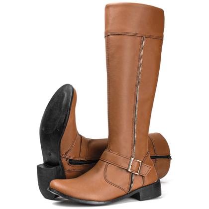 Imagem de Bota Feminina Caramelo Cano Longo Tipo Montaria Detalhe Fivela