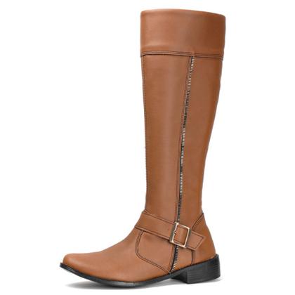 Imagem de Bota Feminina Caramelo Cano Longo Tipo Montaria Detalhe Fivela