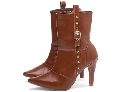 Imagem de Bota Feminina Caramelo Elegante com Fivela Salto Conforto