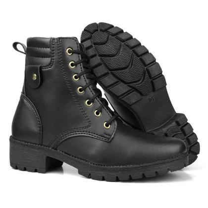 Imagem de Bota Feminina Coturno Casual Militar Cano Curto Zíper Lateral Preta Elegante Moderna Confortável